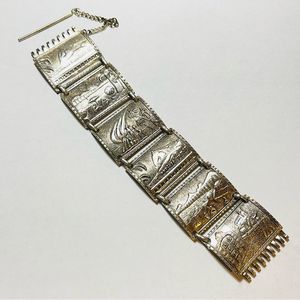 Vintage Silver Tone Link Bracelet Unusual Clasp Island Theme Palm Tree M…